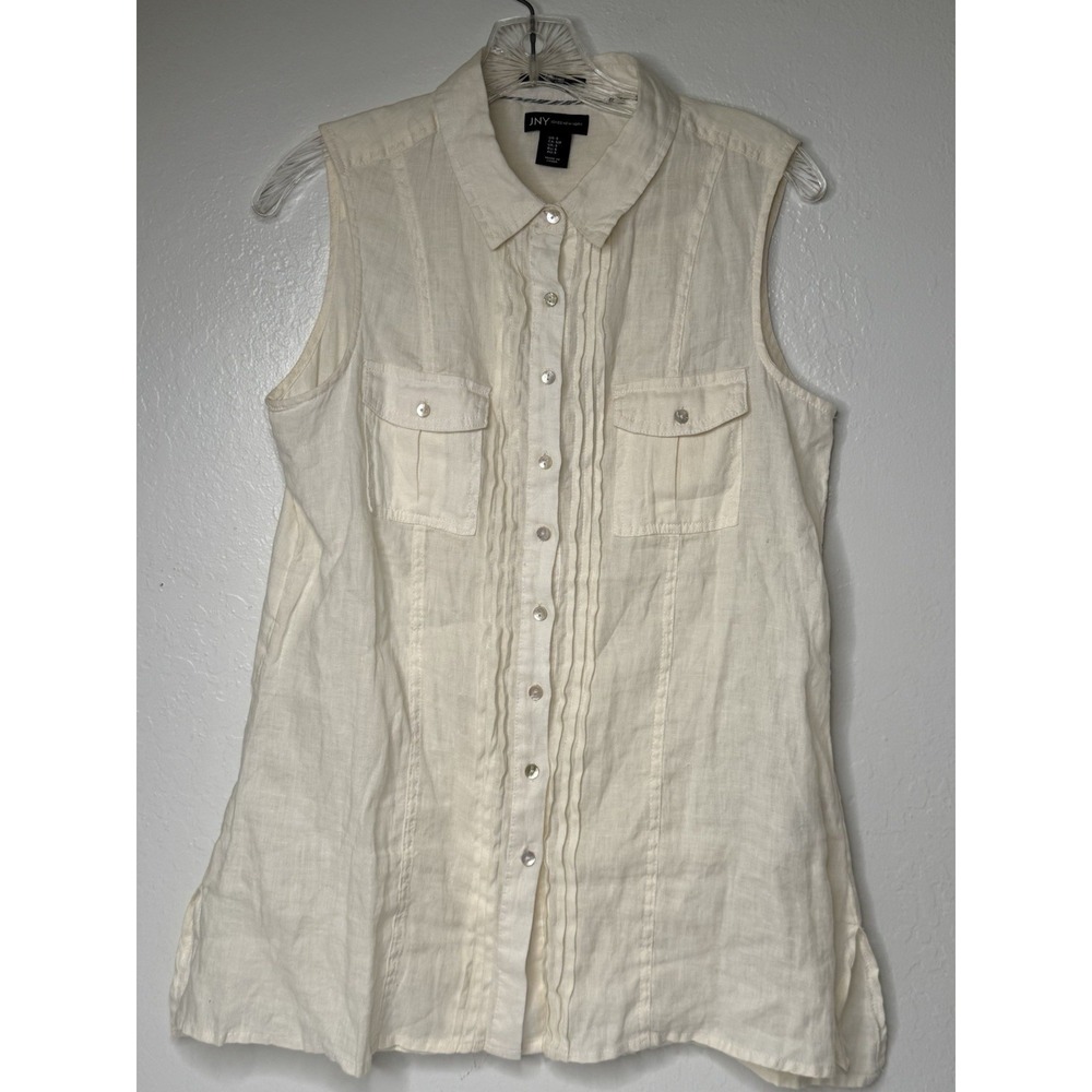 JNY Linen Button Up Top Sz Small Cream Sleeveless Collared Coastal Beach Cottage